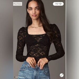 Anthropologie Black Puff Sleeve Lace Top